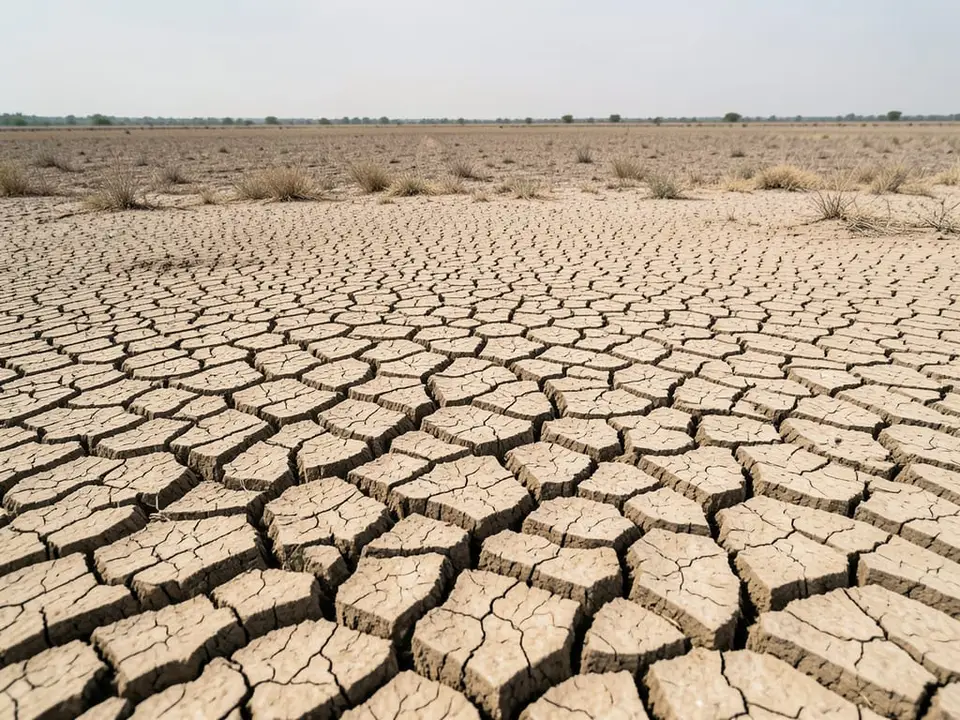 Cracked, parched earth stretching across a dry expanse of ground during severe drought in France. AI-generated editorial illustration; not a documentary photograph