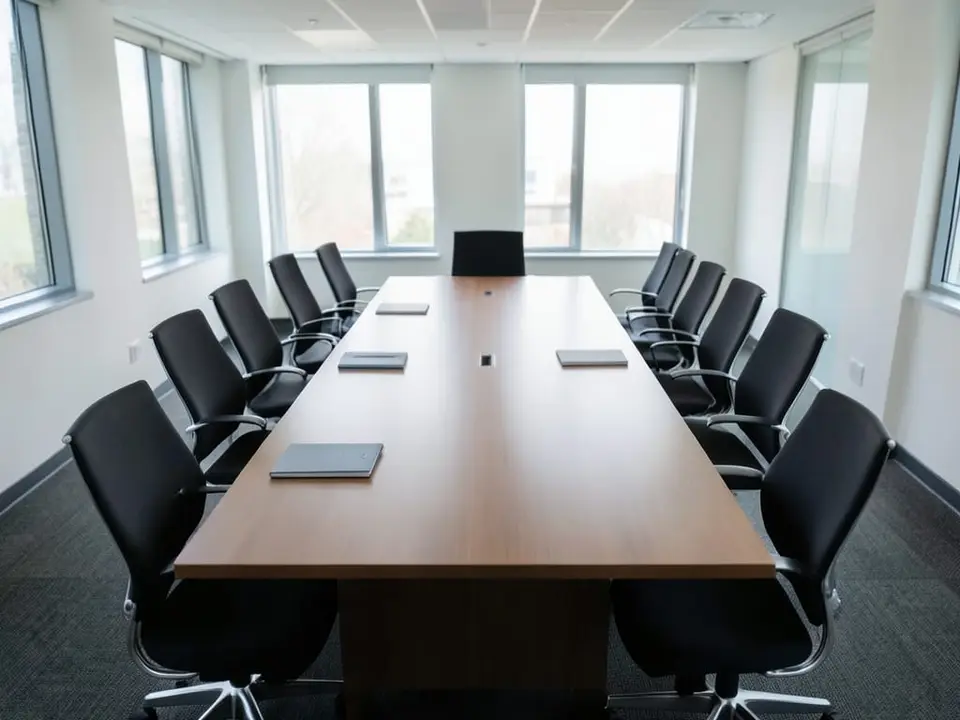 An empty conference-room table surrounded by rows of empty chairs with closed folders on the surface, representing a company reducing its headcount by 20%. AI-generated editorial illustration; not a documentary photograph