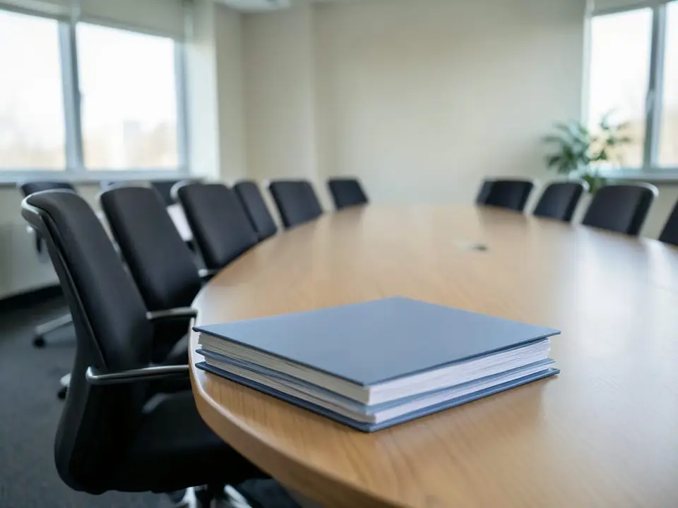 Closed unmarked folders on a conference table with rows of empty chairs behind, representing the Advisory Council for Historic Preservation poised to end mandatory state review and public comment. AI-generated editorial illustration; not a documentary photograph