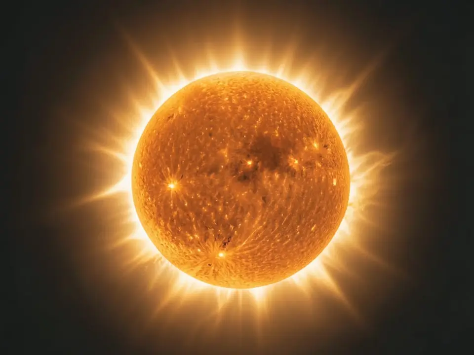 A tight close-up of the Sun's corona, which is millions of degrees hotter than its surface, appears as a luminous halo around the Sun. AI-generated editorial illustration; not a documentary photograph