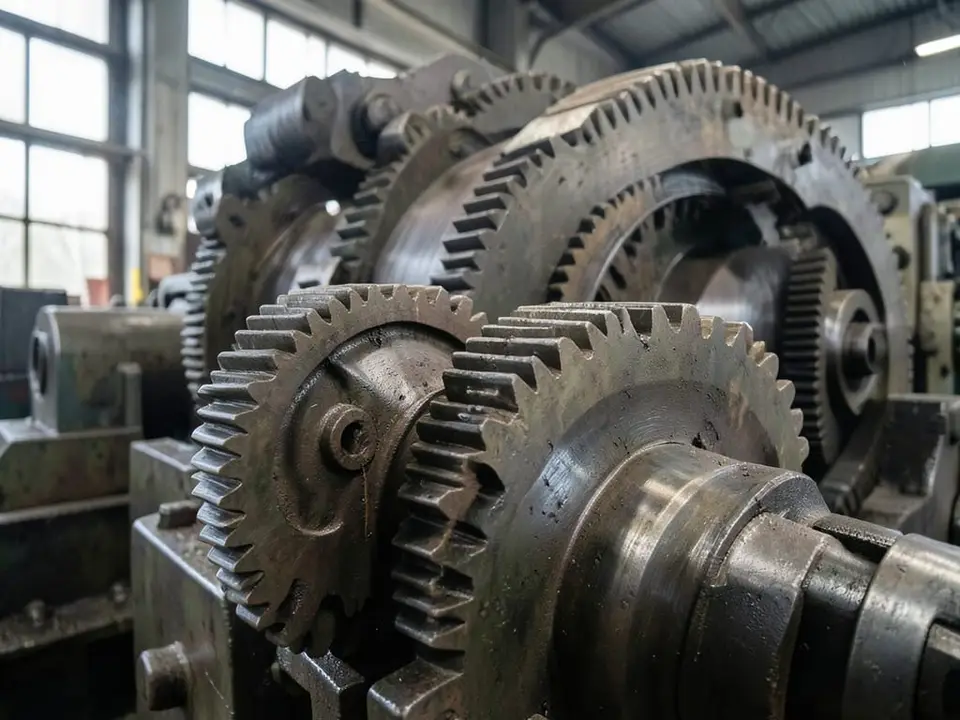Large interlocking industrial gears turning continuously in a factory setting, evoking an industrial machine that cannot stop and cannot slow down. AI-generated editorial illustration; not a documentary photograph