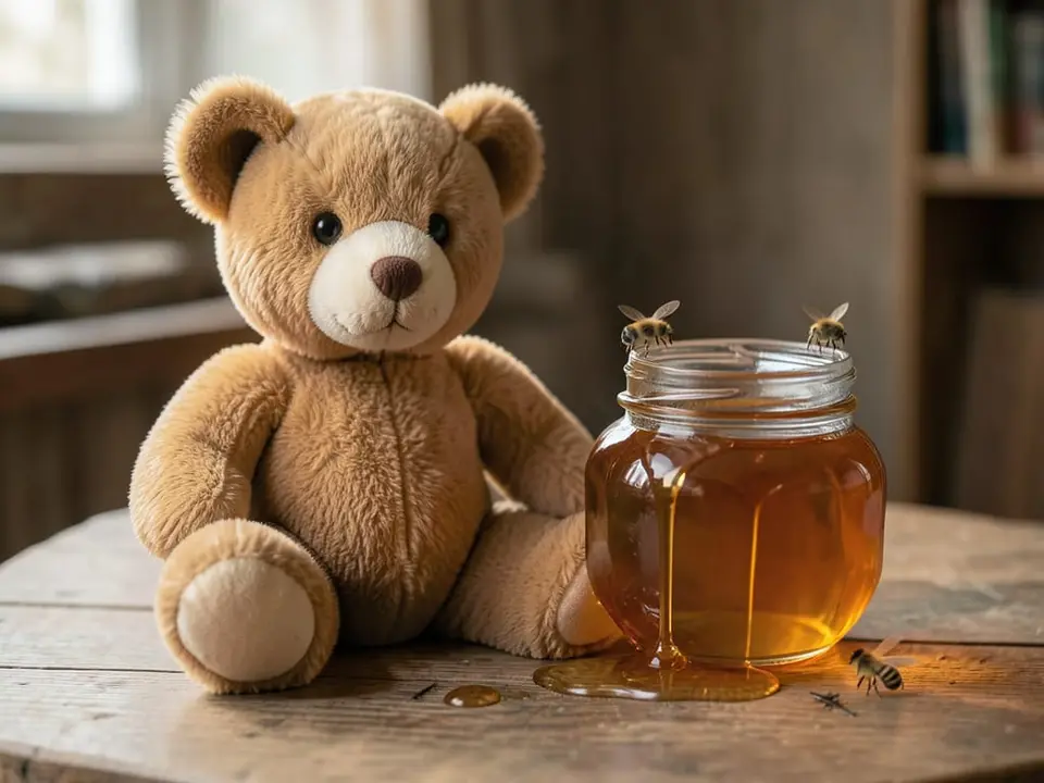 A vintage teddy bear sits beside a dripping honey pot with bees nearby, representing the bear with a taste for honey as Winnie the Pooh turns 100. AI-generated editorial illustration; not a documentary photograph