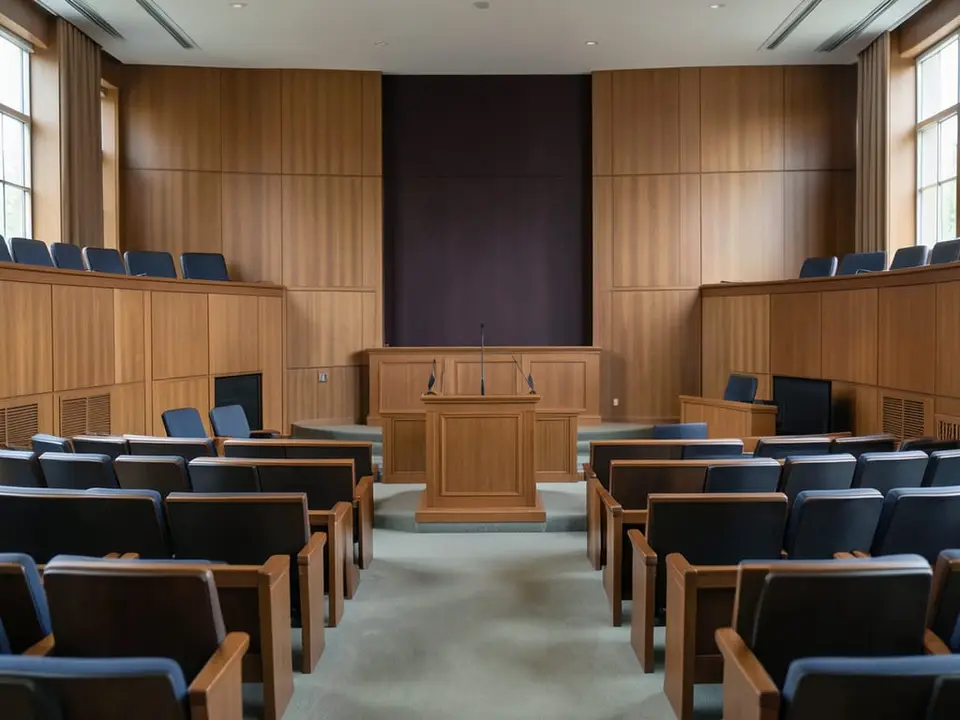An empty parliamentary chamber with rows of seats facing a raised podium, the setting for electing a parliament speaker. AI-generated editorial illustration; not a documentary photograph