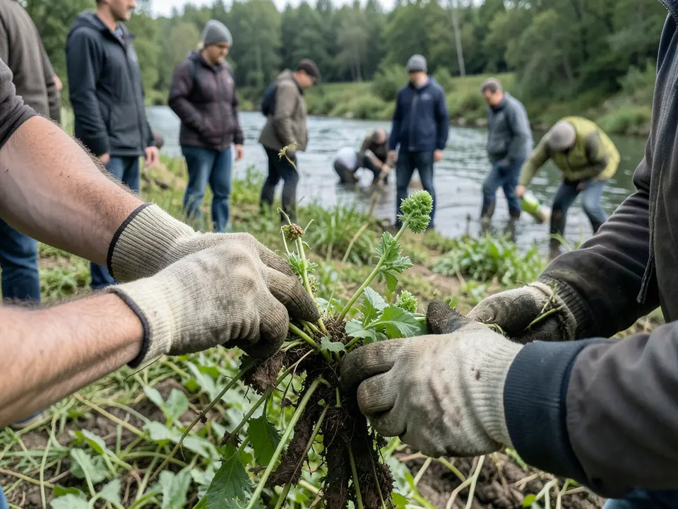 AI-generated editorial illustration for source event: On a UK Riverbank, Asylum Seekers and Volunteers Practice the Work of Neighbor Love; not a documentary photograph