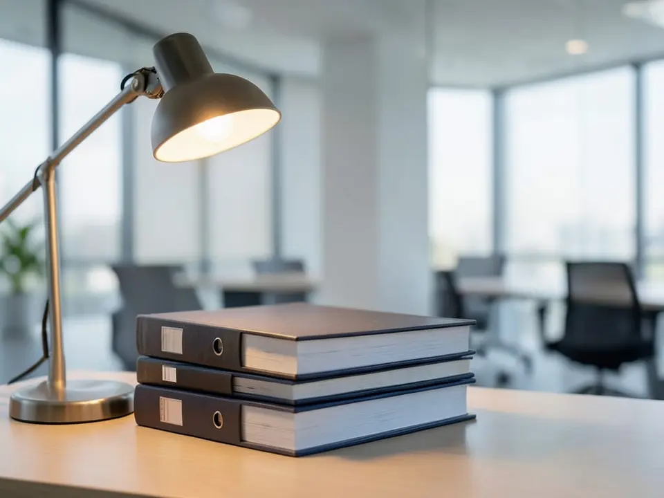 A stack of closed, unmarked binders on a desk under a single desk lamp, with an empty office interior behind, representing profit that exists on paper. AI-generated editorial illustration; not a documentary photograph