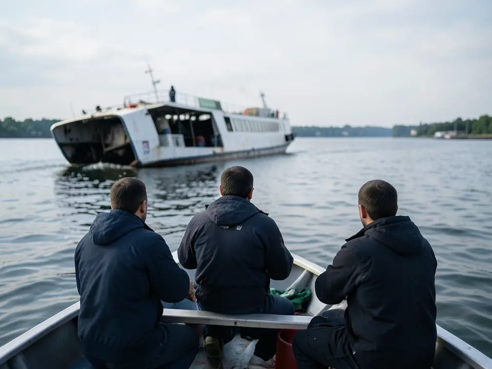 AI-generated editorial illustration for source event: Guyana Ferry Capsizes, 27 Dead and 83 Missing: A Psalm for the Long Night; not a documentary photograph