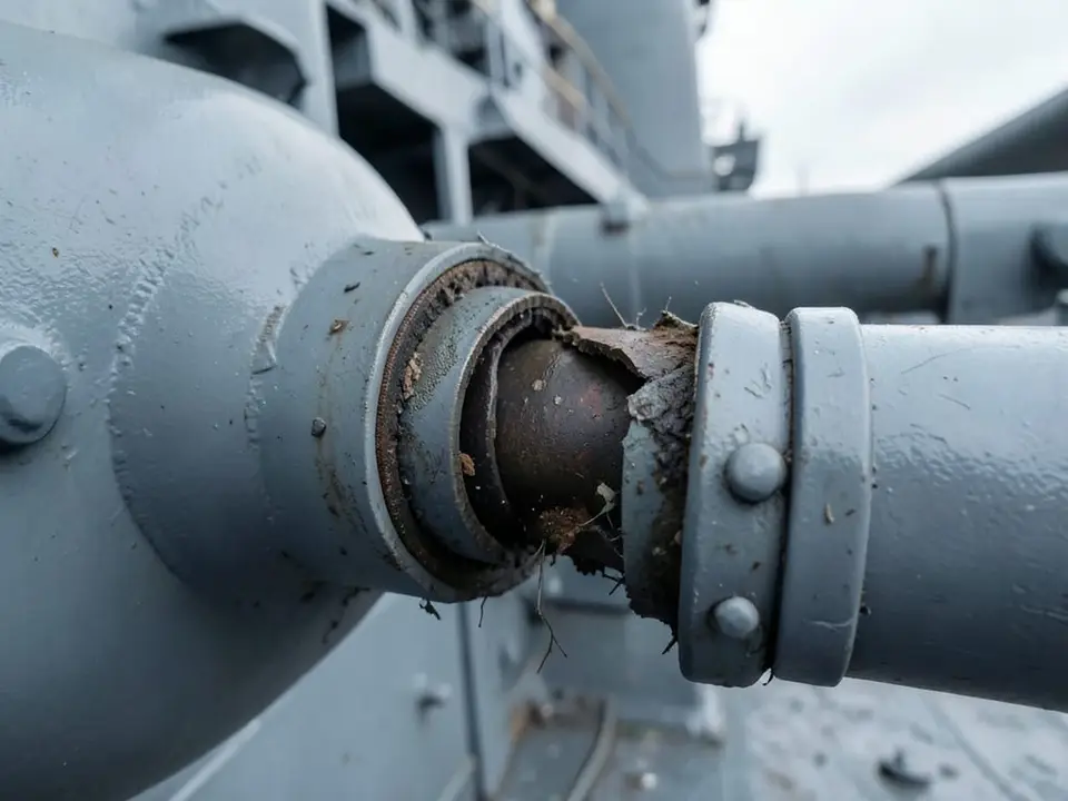 Broken plumbing aboard the USS Lincoln. AI-generated editorial illustration; not a documentary photograph