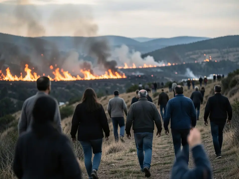 Wildfires are visible across the landscape as anonymous adults evacuated from around Bordeaux move away from the area. AI-generated editorial illustration; not a documentary photograph
