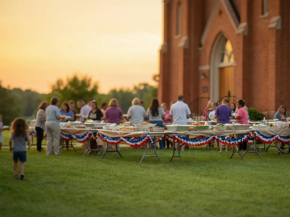AI-generated editorial illustration for source event: First Baptist Dickson's Freedom Celebration Raises a Quiet Question About Generosity; not a documentary photograph