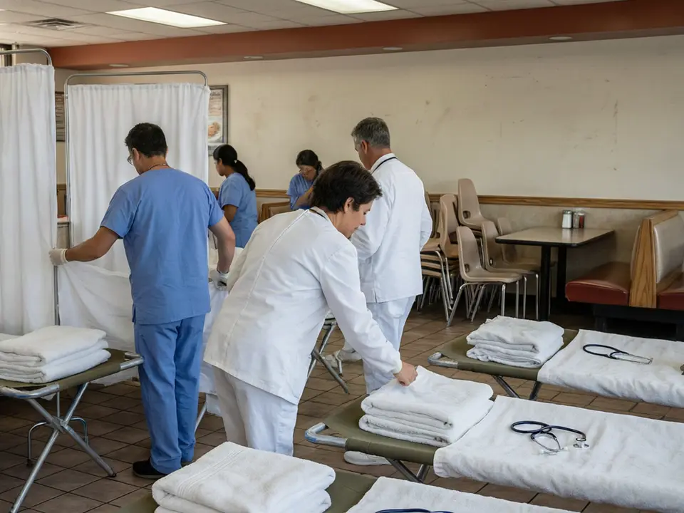 AI-generated editorial illustration for source event: Venezuelan Doctors Turn a Fast-Food Restaurant Into a Clinic After Earthquake, Making Compassion Visible; not a documentary photograph