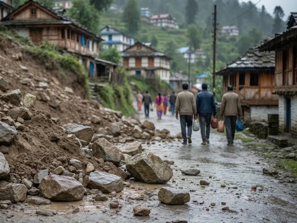 AI-generated editorial illustration for source event: Shimla's Landslide Evacuations Ask What It Means to Trust God on Unstable Ground; not a documentary photograph