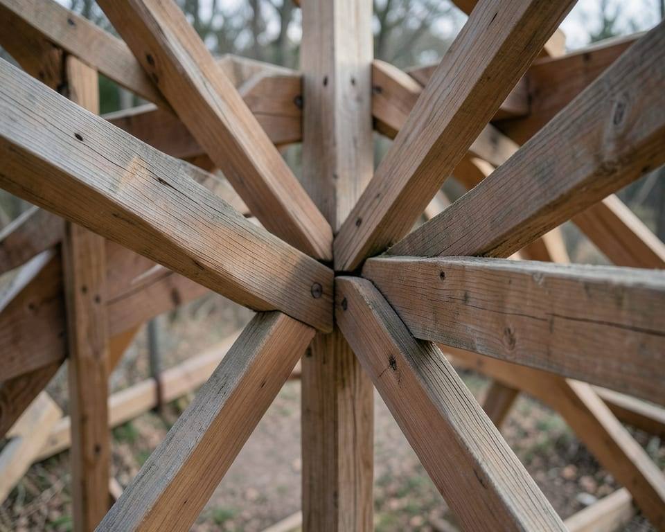 Interlocking wooden beams joined together in a sturdy structure, representing how over three-quarters of Asian family philanthropies partner with government. AI-generated editorial illustration; not a documentary photograph
