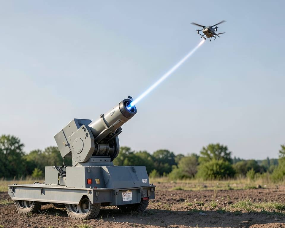 A high-energy laser weapon system emitting a beam toward a small drone above the border, where military officials say the system has taken down 11 drones. AI-generated editorial illustration; not a documentary photograph