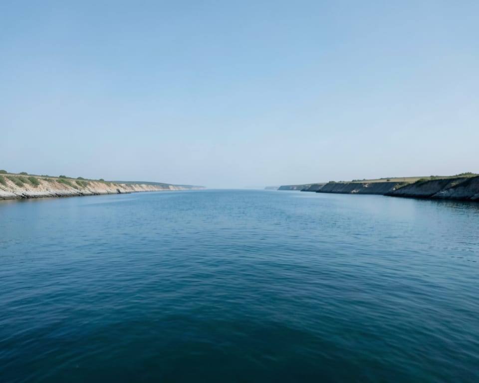 An open view of the vital waterway of the Strait of Hormuz, calm blue water stretching between two distant coastlines with no ships or people visible. AI-generated editorial illustration; not a documentary photograph
