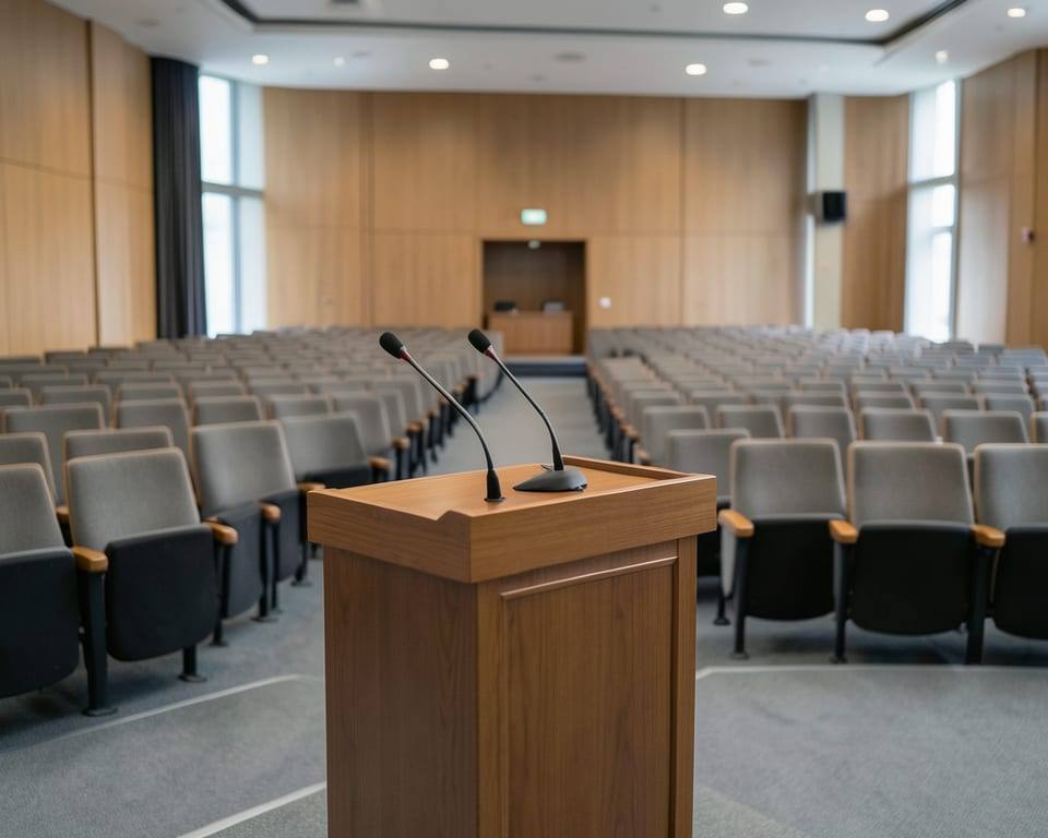 An empty lectern with microphones stands before rows of empty seats in a conference hall, evoking the high-profile speech at the Fed's annual Jackson Hole economic conference. AI-generated editorial illustration; not a documentary photograph