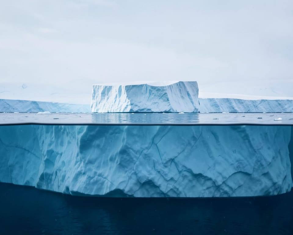 An iceberg at the waterline, its small visible peak above the surface and its far larger mass below, evoking a settlement described as just the tip of the iceberg. AI-generated editorial illustration; not a documentary photograph