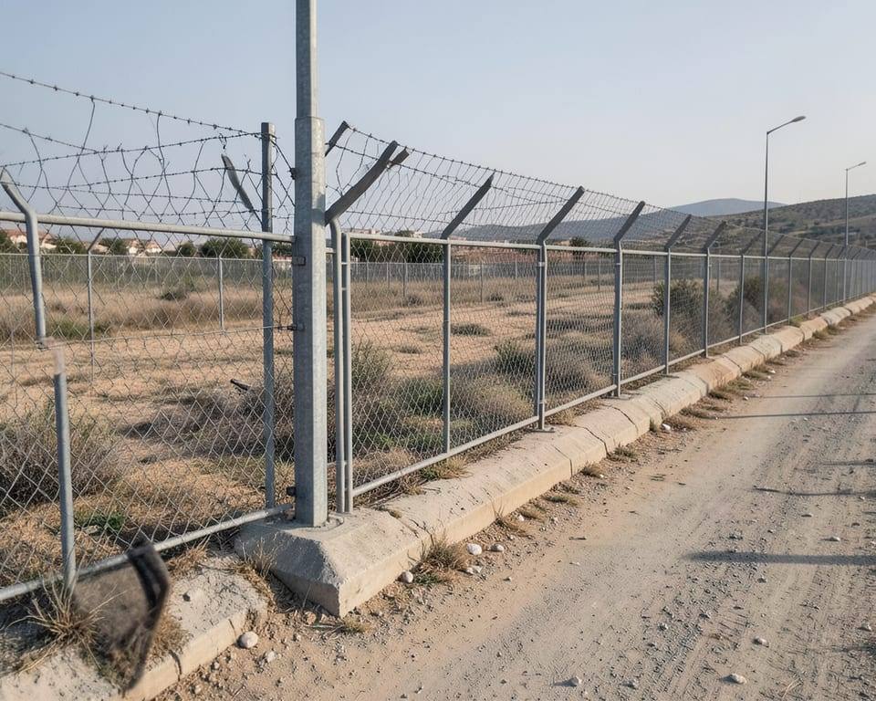 A border barrier structure at a territorial boundary where people rushed into Ceuta in a mass migrant crossing and border surge. AI-generated editorial illustration; not a documentary photograph