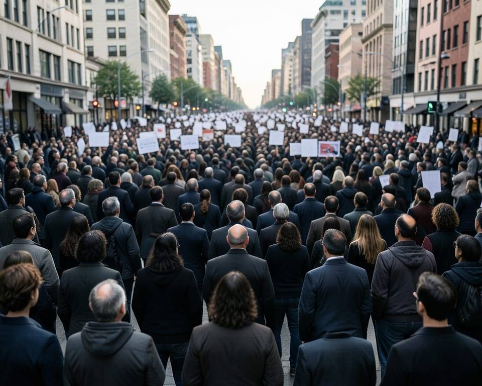Anonymous adult protesters fill a broad city avenue as protests have spread from the capital New Delhi to other large cities including Mumbai and Bengaluru. AI-generated editorial illustration; not a documentary photograph
