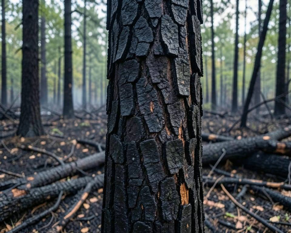 Charred tree trunk surfaces in a forest show the physical impact of wildfires on land management. AI-generated editorial illustration; not a documentary photograph