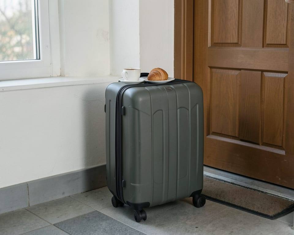 A packed carry-on suitcase stands by an apartment door next to a small pastry and coffee cup, reflecting little treats and last-minute trips. AI-generated editorial illustration; not a documentary photograph