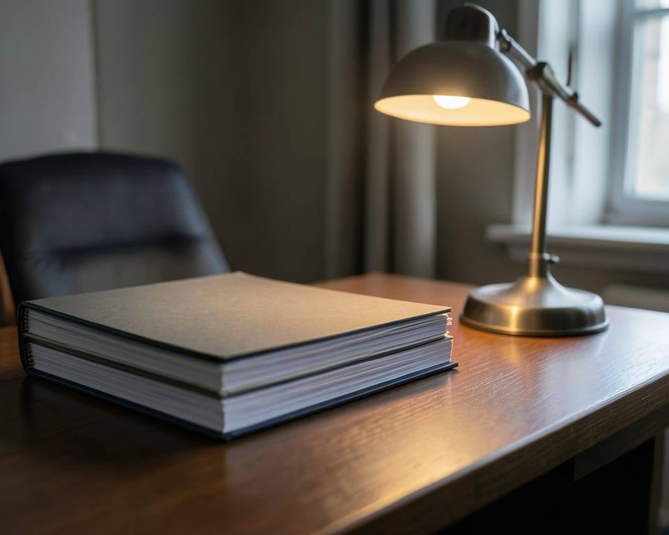 Closed, unmarked folders stacked on an empty desk beside a single lamp, in a scene about a court that sentences activists to prison terms of up to 37 years. AI-generated editorial illustration; not a documentary photograph