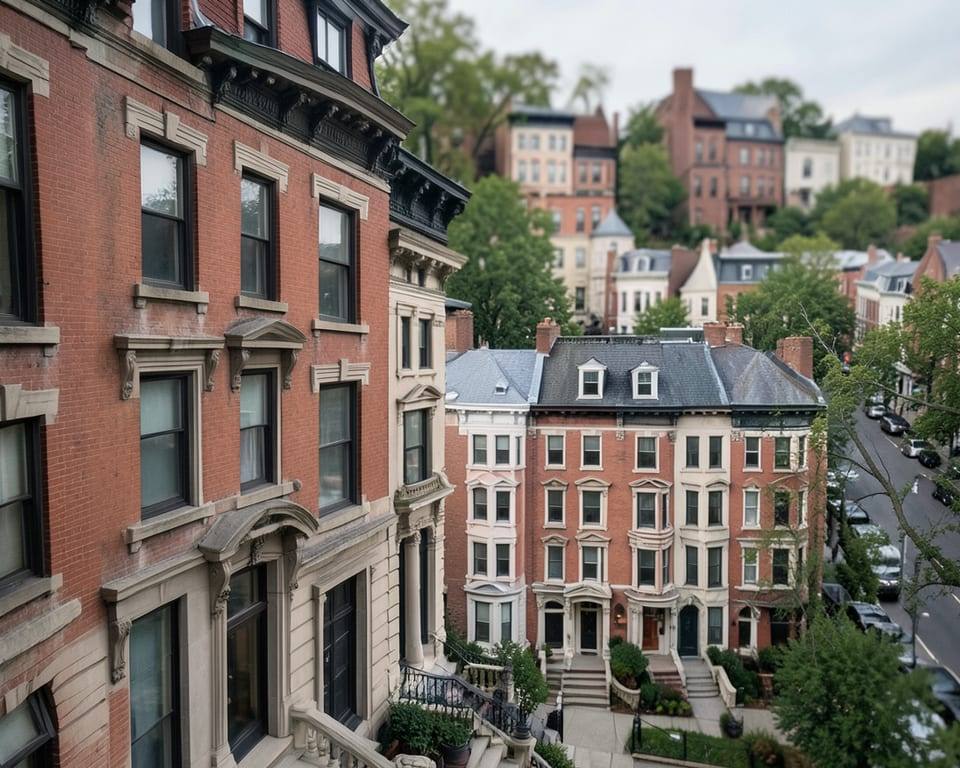 A layered editorial composition shows the facade of one expensive New York home in the foreground with additional expensive New York homes beyond it. AI-generated editorial illustration; not a documentary photograph