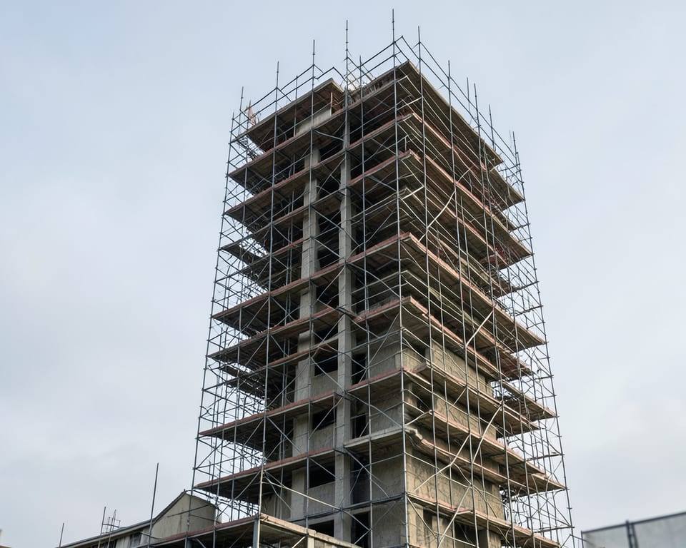 A tall unfinished structure wrapped in scaffolding, standing still mid-construction, representing the proposed pause on advanced AI systems until federal safety standards are established. AI-generated editorial illustration; not a documentary photograph