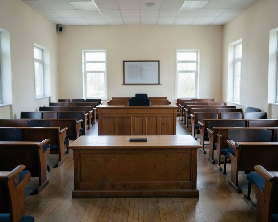 An empty courtroom interior with a raised wooden bench and rows of unoccupied seating, the setting where a veteran Ugandan opposition politician collapses in court. AI-generated editorial illustration; not a documentary photograph
