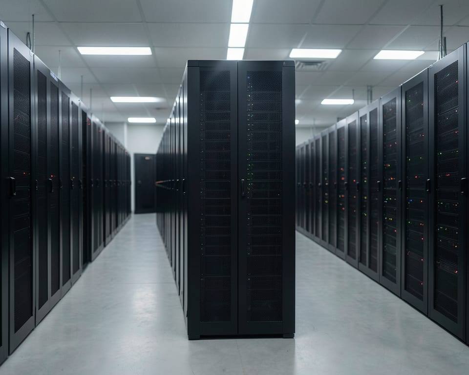 Rows of server racks with glowing indicator lights in an unmarked data center, representing the digital technology everyone depends on is also critical infrastructure. AI-generated editorial illustration; not a documentary photograph