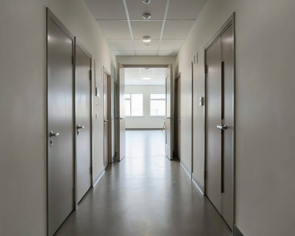 A long corridor with closed doors, one door slightly ajar at the far end, during a pause in strikes between the US and Iran. AI-generated editorial illustration; not a documentary photograph