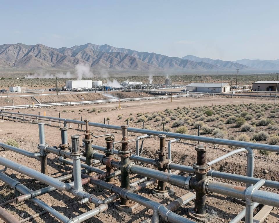 Geothermal projects in Nevada, with geothermal wellheads and pipework in the foreground and the broader project site behind. AI-generated editorial illustration; not a documentary photograph