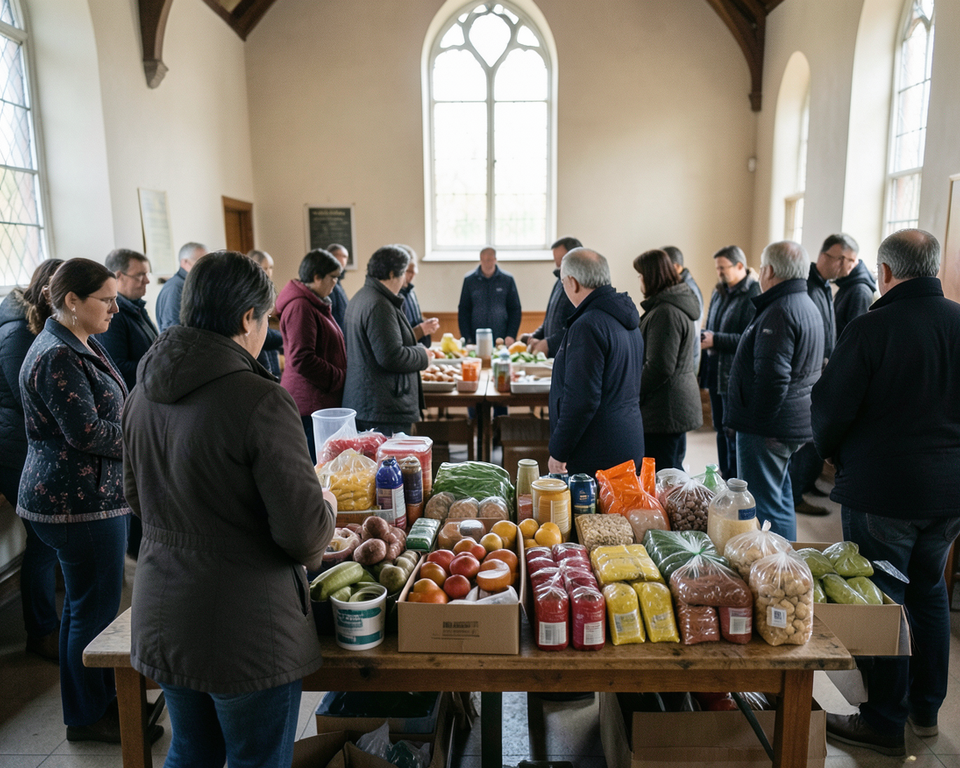 AI-generated editorial illustration for source event: Oklahoma Church Leads Dozens to Christ During Its Food Distribution Event - Crosswalk.com; not a documentary photograph