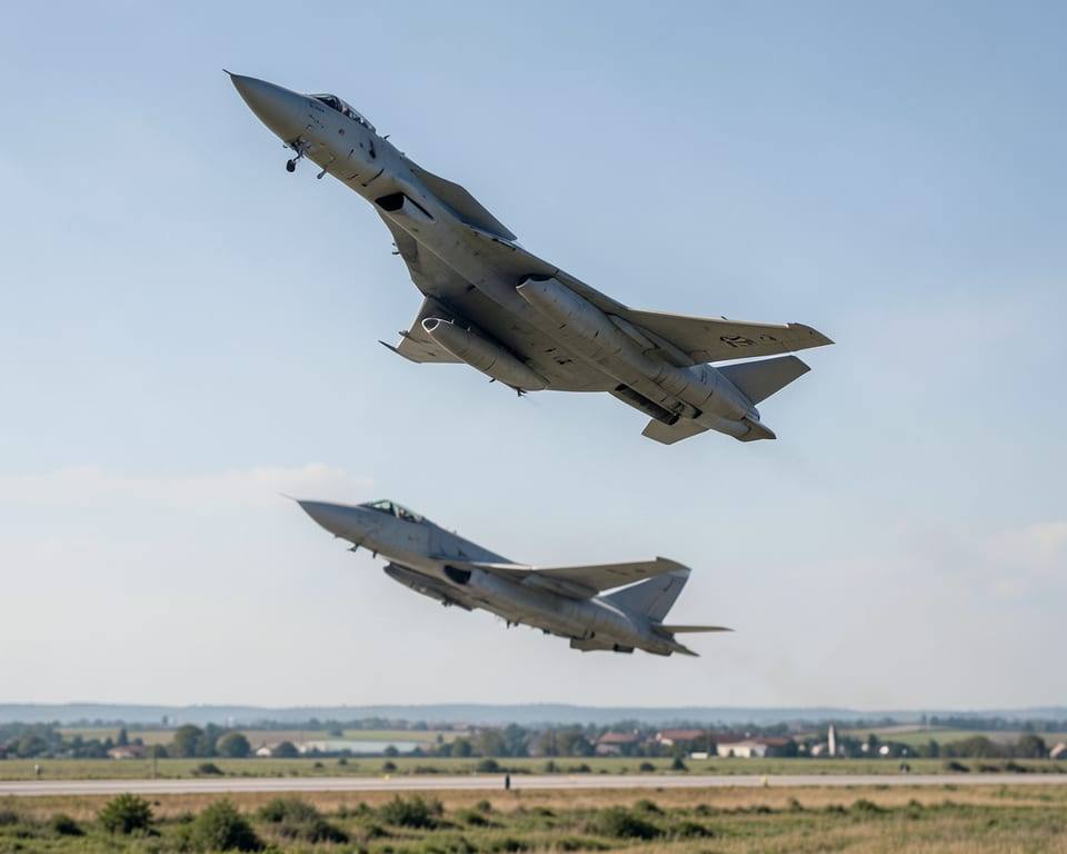 Military aircraft climbing into an open sky, depicting planes scrambled in response to a Russian attack in western Ukraine, close to its border. AI-generated editorial illustration; not a documentary photograph