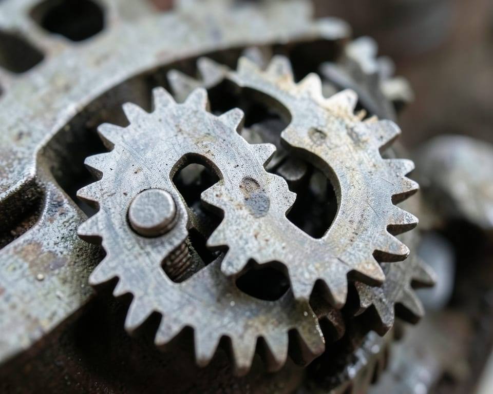 A close-up of interlocking metal gears stopped mid-rotation with their teeth locked together and motionless, reflecting how diplomatic efforts launched by Washington have stalled. AI-generated editorial illustration; not a documentary photograph