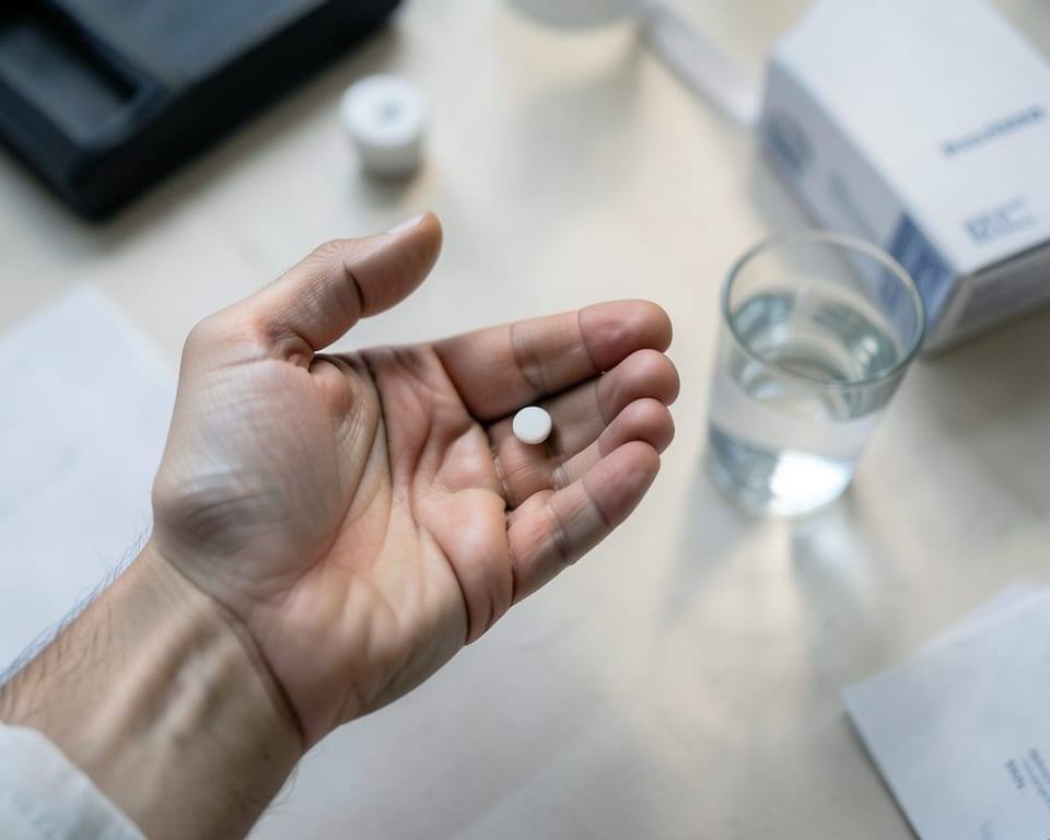 An anonymous adult's open hand holds a single small white pill beside a glass of water, representing the daily upadacitinib dose of a 15mg dose, a 30mg dose, or a placebo pill every day. AI-generated editorial illustration; not a documentary photograph