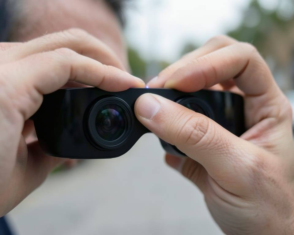 An anonymous adult fingertip covers the front-facing LED on a pair of AI-powered smart glasses. AI-generated editorial illustration; not a documentary photograph