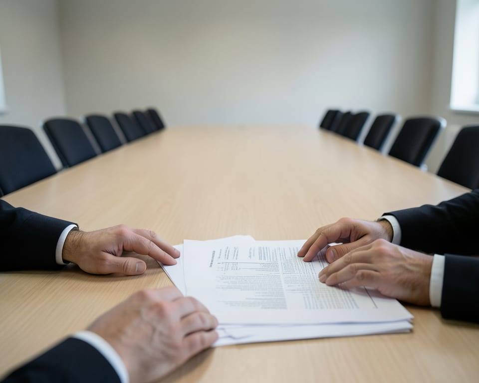Anonymous adult hands beside unmarked papers on a conference table with empty chairs behind, representing the spiraling debate about AI safety and regulation. AI-generated editorial illustration; not a documentary photograph
