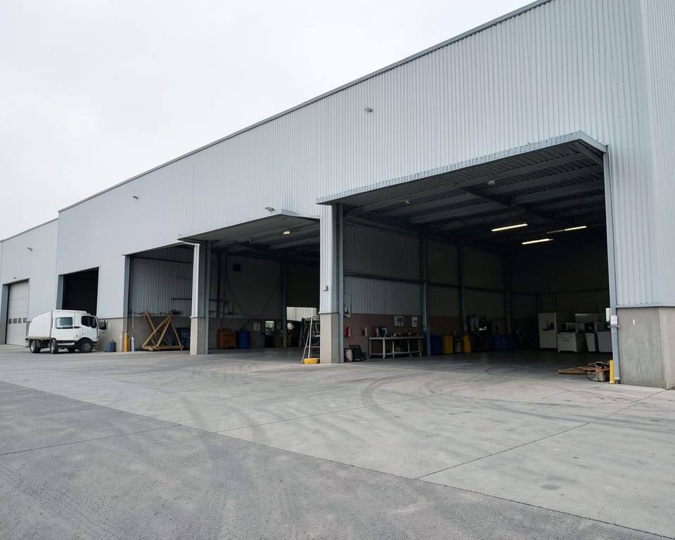 The wide exterior of a large industrial facility, the kind of larger facility the company chose after it mapped out employees' zip codes for more digestible commute times. AI-generated editorial illustration; not a documentary photograph