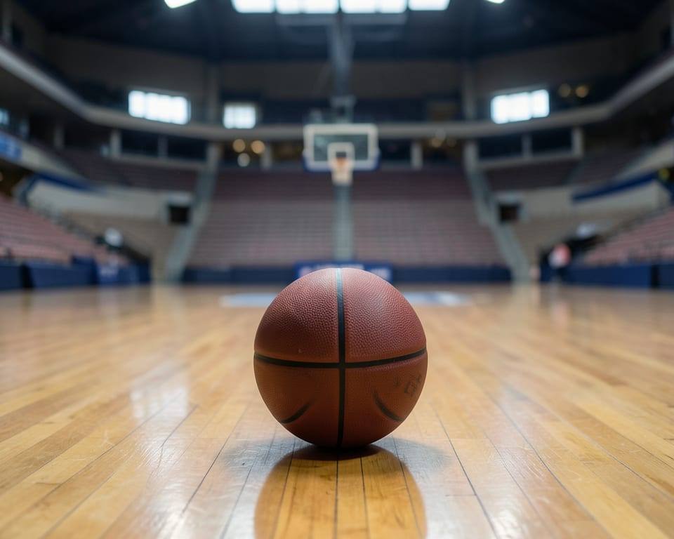 A basketball rests on the polished hardwood of an empty indoor arena, a quiet setting for a league whose popularity has risen in recent years even as threats and abuse directed at its players have grown. AI-generated editorial illustration; not a documentary photograph