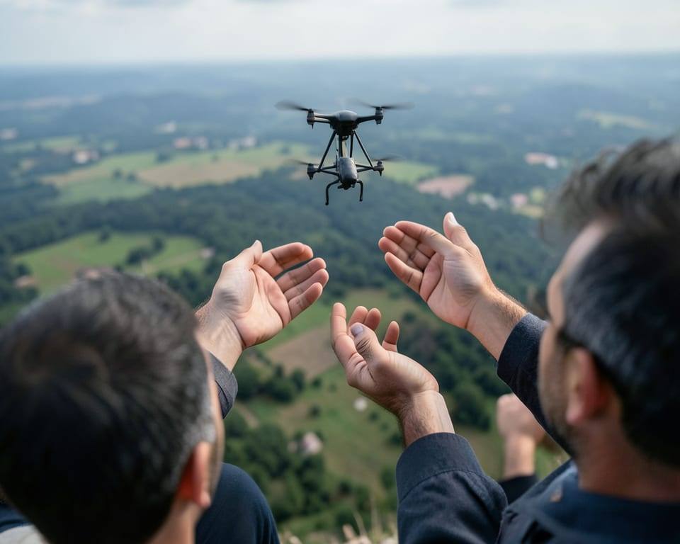 Anonymous adult hands launch a drone, part of doctors using drones to fight tuberculosis in remote communities in the Philippines. AI-generated editorial illustration; not a documentary photograph