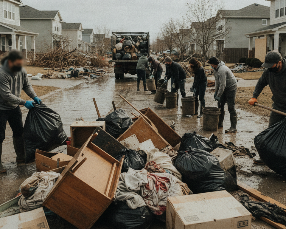 AI-generated editorial illustration for source event: Here to help: Team Rubicon assists with flood clean-up in Madison County - WKYT; not a documentary photograph