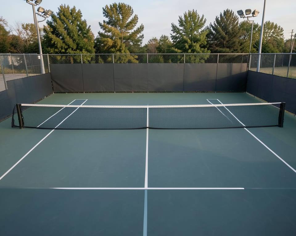 An empty professional hard tennis court, the setting of a five-set defeat at the US Open. AI-generated editorial illustration; not a documentary photograph