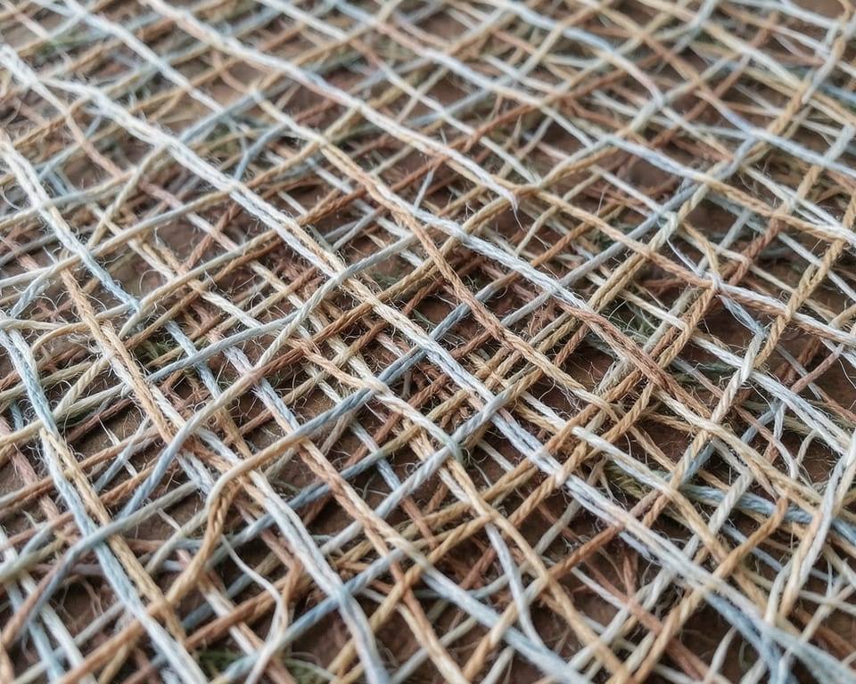 A close view of densely interwoven textile threads forming layered patterns in an open woven fabric, representing an open weight model whose full weights are freely and transparently distributed. AI-generated editorial illustration; not a documentary photograph