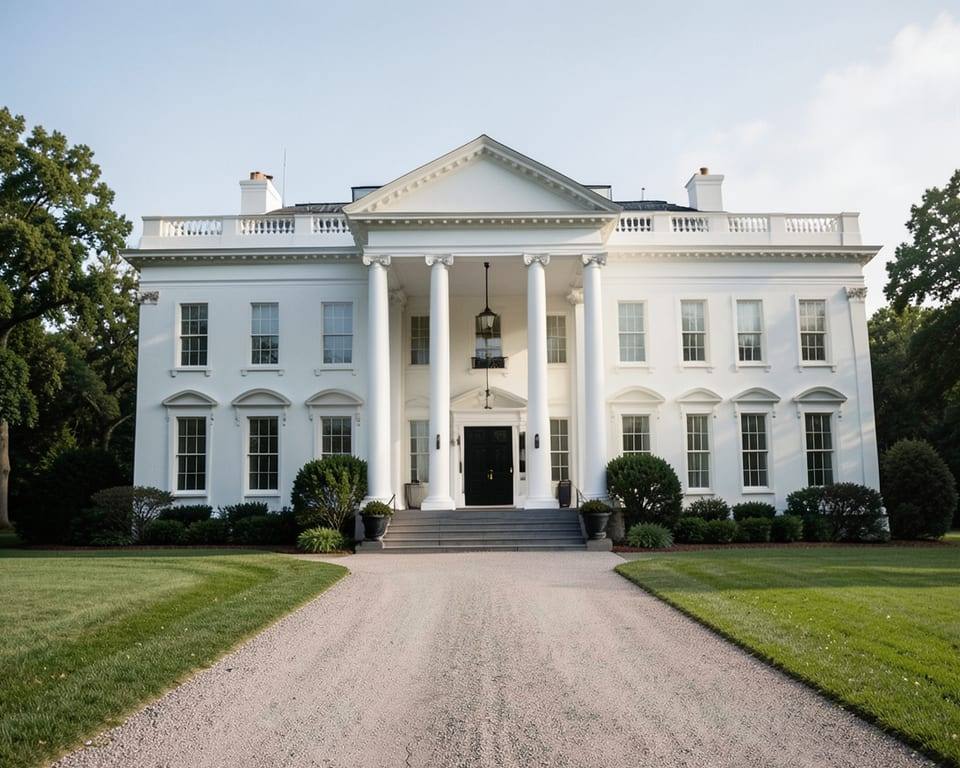 A wide view of the White House exterior, the building where all three publications were turned away from the White House this morning. AI-generated editorial illustration; not a documentary photograph
