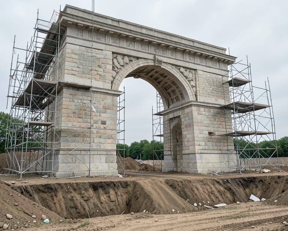 A monumental stone arch under early construction with scaffolding around its base, representing a 250-foot triumphal arch project that will break ground without final federal approval. AI-generated editorial illustration; not a documentary photograph