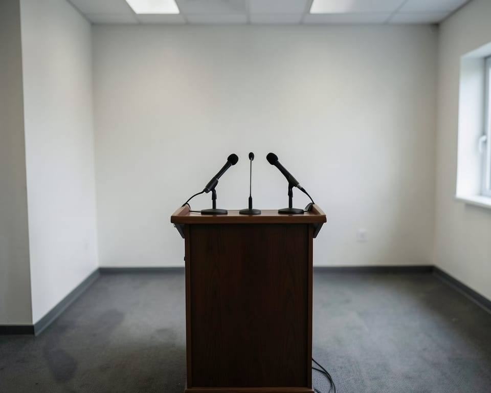 An empty press-conference podium with microphones, representing the hawkish press conference that moved markets. AI-generated editorial illustration; not a documentary photograph