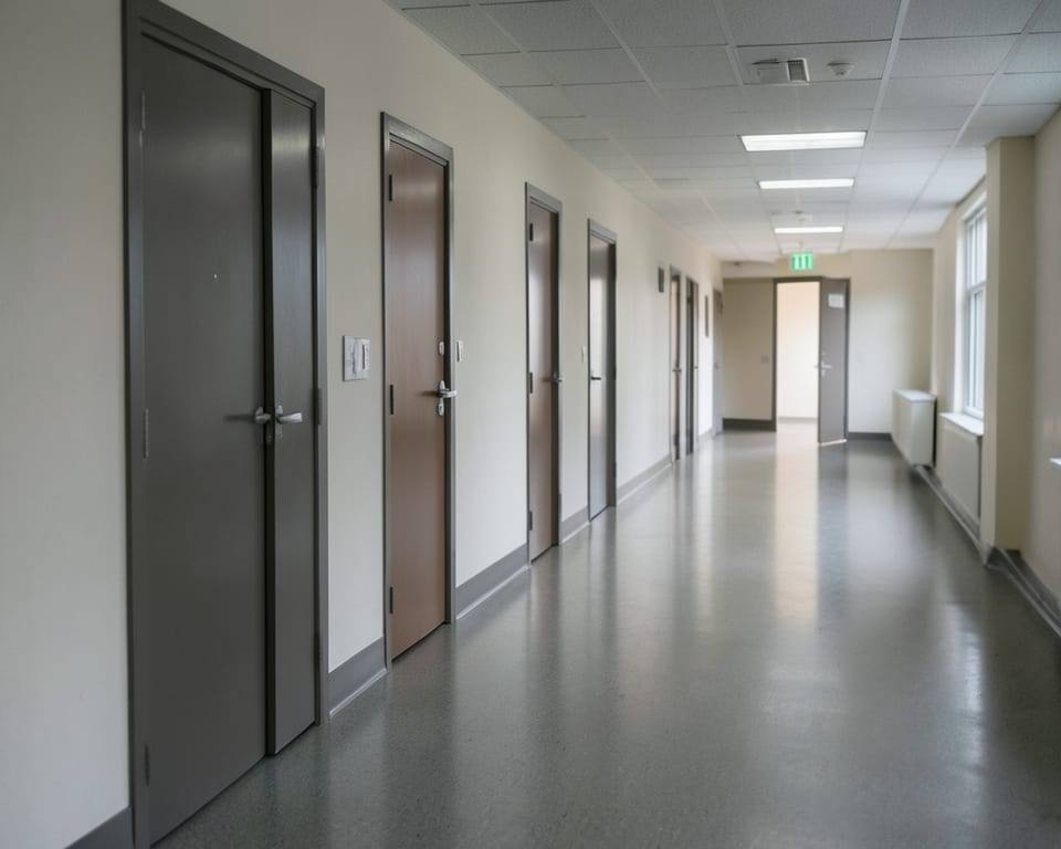 A long empty corridor with closed doors and one door slightly ajar at the far end, representing the long-delayed detention of an Assad-era general accused of links to 1982 Hama massacre. AI-generated editorial illustration; not a documentary photograph
