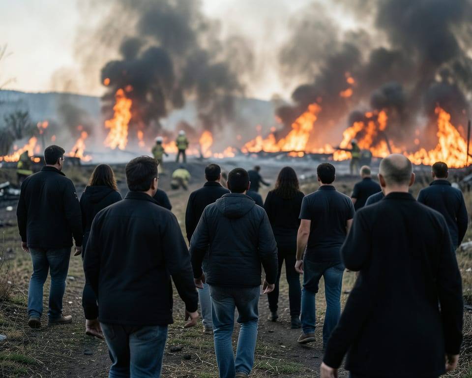 Anonymous adults evacuating as firefighters battle huge wildfires in the distance. AI-generated editorial illustration; not a documentary photograph