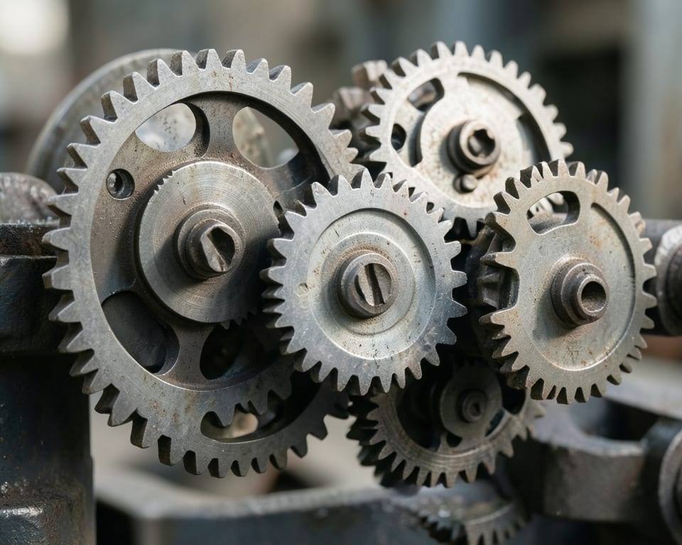 Interlocking metal gears of varying sizes meshing together in a mechanical study with no dial face or numerals, representing the pressure and responsibility of leading a transformative AI startup. AI-generated editorial illustration; not a documentary photograph