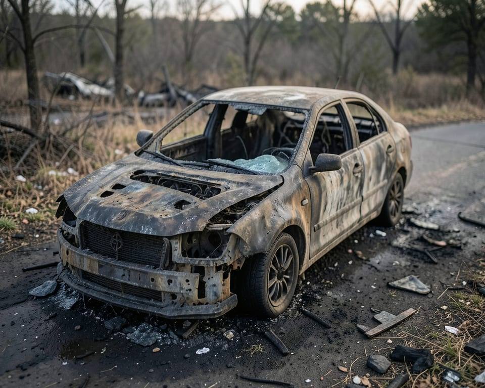 A burnt-out car shown as an environmental detail with no people present. AI-generated editorial illustration; not a documentary photograph